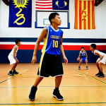 **Image Prompt:** A dynamic action shot of a basketball player in a Malaysian school gymnasium executing a perfect "shuffle step" during a defensive drill. The player is wearing a popular Malaysian basketball jersey, focused and low to the ground. In the background, other players are practicing, and the Malaysian flag is subtly visible. The overall tone is motivational and energetic. (Keywords: basketball, Malaysia, defense, shuffle step, sports, school, gymnasium).