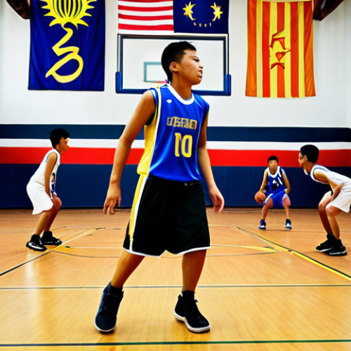 **Image Prompt:** A dynamic action shot of a basketball player in a Malaysian school gymnasium executing a perfect "shuffle step" during a defensive drill. The player is wearing a popular Malaysian basketball jersey, focused and low to the ground. In the background, other players are practicing, and the Malaysian flag is subtly visible. The overall tone is motivational and energetic. (Keywords: basketball, Malaysia, defense, shuffle step, sports, school, gymnasium).