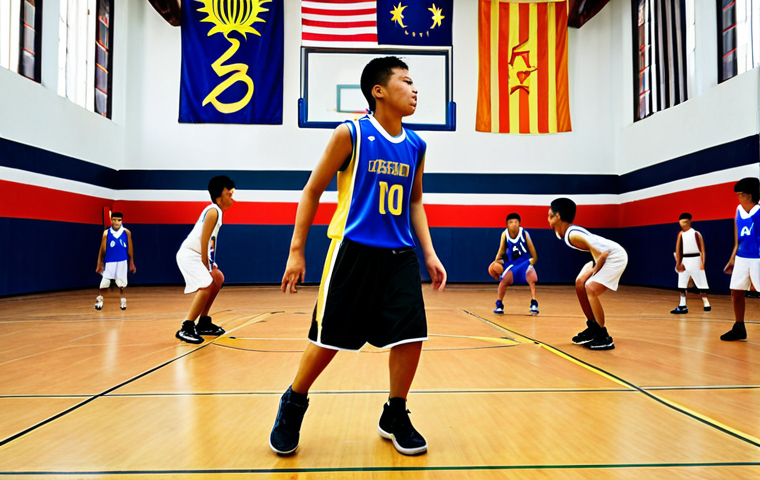 **Image Prompt:** A dynamic action shot of a basketball player in a Malaysian school gymnasium executing a perfect "shuffle step" during a defensive drill. The player is wearing a popular Malaysian basketball jersey, focused and low to the ground. In the background, other players are practicing, and the Malaysian flag is subtly visible. The overall tone is motivational and energetic. (Keywords: basketball, Malaysia, defense, shuffle step, sports, school, gymnasium).
